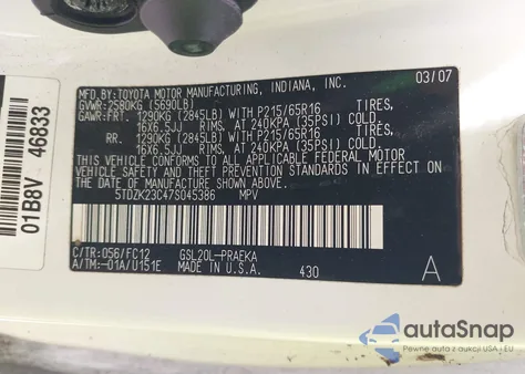 2007 Toyota Sienna Le z USA, uszkodzony, nr VIN 5TDZK23C47S045386